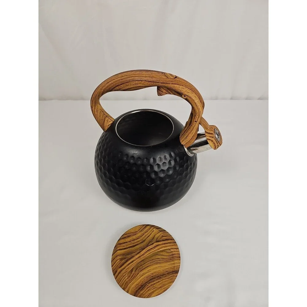 Black Whistling Tea Kettle Wood Grain Handle Honeycomb Stovetop Teapot